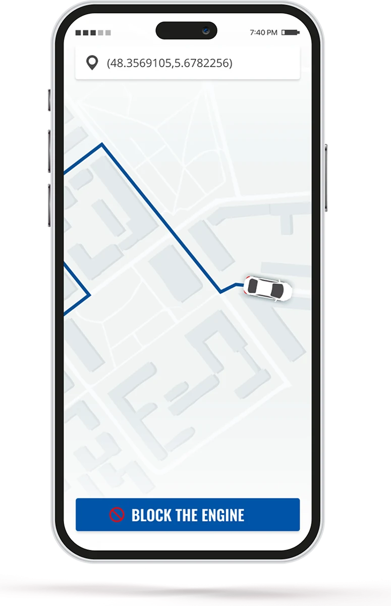 App con la posizione del veicolo e il comando per bloccare il motore